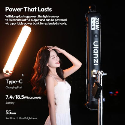 Ulanzi UA20C RGB Tube Light, 20W Inflatable LED Fill Light for Video Recording & Photo Photography, 1800K–10000K CRI95 2500mAh Cordless Magnetic Portable Handheld TPU Video Lighting Wand w 1/4 Mount - size: 20W RGB-Medium