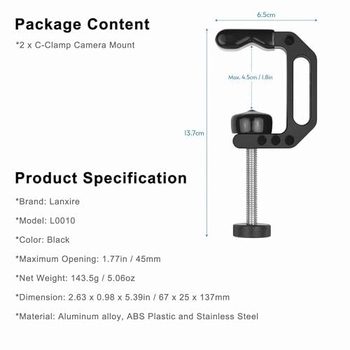 C Clamp Camera Mount with 1/4’’ and 3/8’’ Threaded Holes - 4.5cm Jaw Opening - Max Load 2kg - 2 Pack