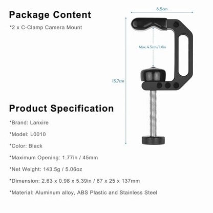 C Clamp Camera Mount with 1/4’’ and 3/8’’ Threaded Holes - 4.5cm Jaw Opening - Max Load 2kg - 2 Pack