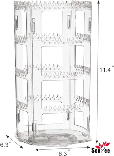 Sooyee 360 Rotating Earring Holder and Jewelry Organizer, 4 Tiers Jewelry Rack Display Classic Stand, 156 Holes and 160 Grooves for Necklaces Earrings Piercings, Clear - color: Clear