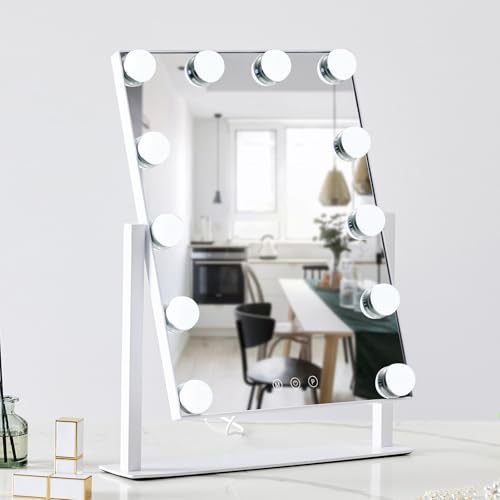 HIEEY Hollywood Vanity Mirror with 12 Dimmable Bulbs Lights, Three Color Lighting Modes, and 5X Magnification, Smart Touch Control, 360°Rotation (White,Gift Box) - style: 17.3" x 13.4" (12 Bulbs)