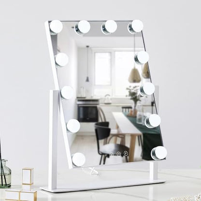 HIEEY Hollywood Vanity Mirror with 12 Dimmable Bulbs Lights, Three Color Lighting Modes, and 5X Magnification, Smart Touch Control, 360°Rotation (White,Gift Box) - style: 17.3" x 13.4" (12 Bulbs)