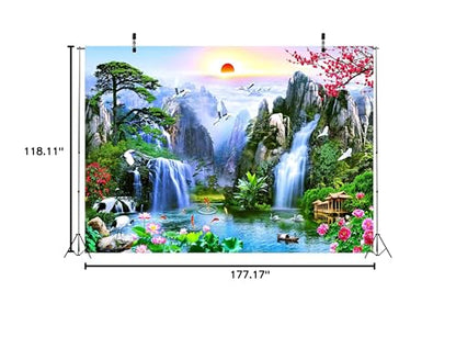 BELECO 15x10ft Fabric Fairyland Mountain Lake Photography Backdrop Waterfalls Swans Fish Flowers Dreamy Natural Landscape Painting Background Wall Murals Home Decor Kids Adults Portrait Photoshoot - size: 15x10FT