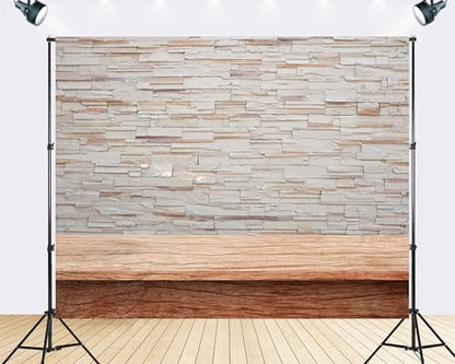Trykid 5x3ft Stone Wall Wood Table Backdrop Rustic Natural Texture Neutral Tone Photography Background Product Display Tapestry Party Decoration Photo Studio Prop Fabric - size: 5x3ft