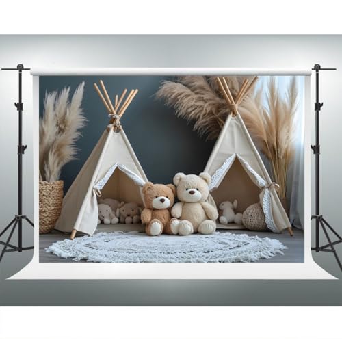 YongFoto Bear Theme Backdrop 6x4ft Tent Blanket Pampas Boho Photography Background Baby Shower Cradle Ceremony Kid Birthday Party Banner Baby Portraits Photoshoot Wallpaper Photo Studio Booth Prop - color: Style 3, size: 6ftx4ft
