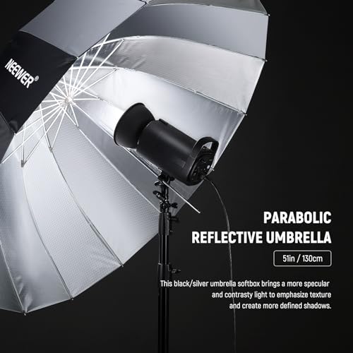 NEEWER 51"/130cm Parabolic Reflective Umbrella Photography with Silver Inner, Soft Lighting with Diffuser Cover, Bag, Quick Fold for Camera Photo Studio Video Light Shooting Monolight Flash, NS2U - color: Silver, size: 51"
