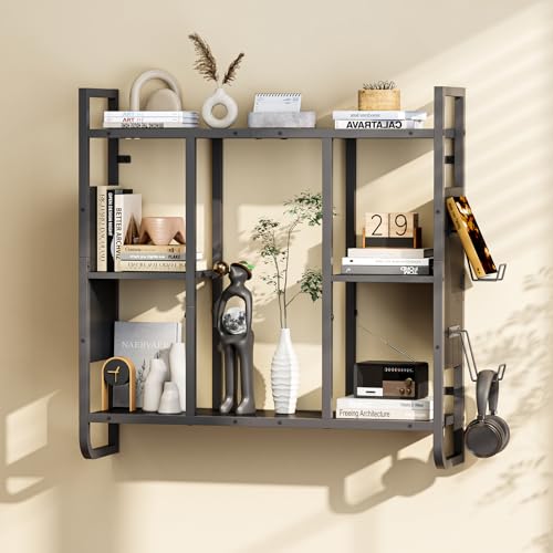 MAHANCRIS LED Gaming Floating Shelves, 3-Tier Wall Mounted Shelf for Wall Storage, Pipe Shelves Hanging Display Rack, with 2 Controller Hooks, for Gaming Room Decor, Kitchen, Home Bar Black FSHS142E01