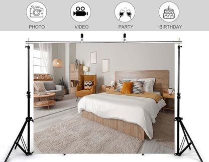 7x5ft Stylish Modern Bedroom Backdrop with Cozy Furniture and Neutral Tones Photography Background Inviting Warm Home Birthday Party Baby Shower Decorations Banner Photo Studio Props - size: 7x5ft