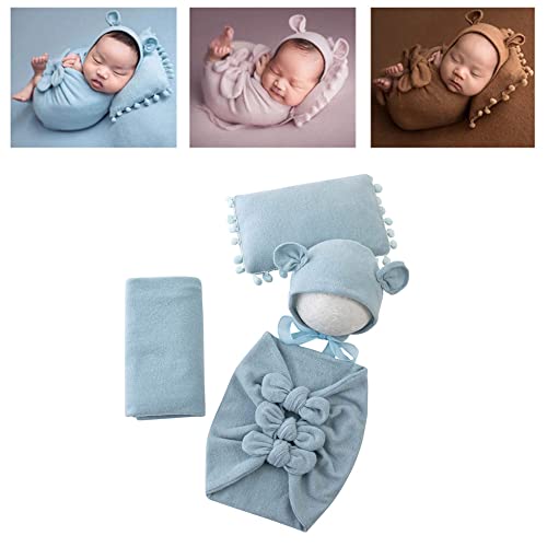 Newborn Baby Boy Girl Photography Props Bow Wrap, Posing Aid, Hat and Blanket Set of 4 Pcs - color: Light Blue