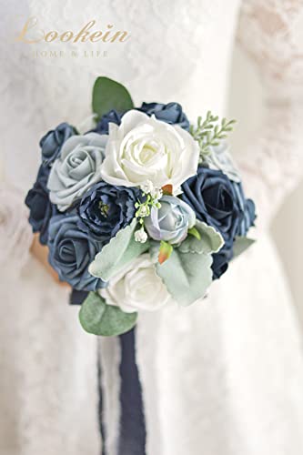 Lookein Set of 4 Bridesmaid Bouquet 7 Inch Artificial Flowers/ Bridal Bouquet Tossing Bouquet for Wedding Ceremony Anniversary Bridal Shower, Classic Navy Blue - color: 7" Classic Navy Blue