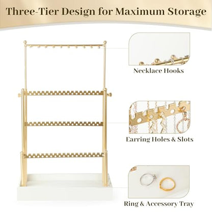 Tirzah 3-Tier Adjustable Earring Necklace Holder Organizer Stand, Gold Jewelry Display Tree with 105 Slots, 10 Double-Sided Hooks, White Tray for Women, Girls - color: Gold & White, for Necklace Earring