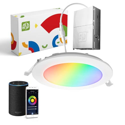 ASD 1 Pack LED Smart Recessed Lighting 6 Inch 15W, RGBW Color Changing Lights, Compatible with Alexa & Google Assistant, Dimmable 2700K-6500K Selectable RGB Lights, WiFi Bluetooth Ceiling Light, ETL - color: White, size: 6 Inch 1 Pack RGBW