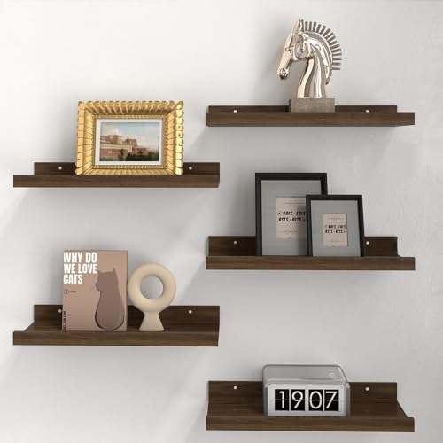 RICHER HOUSE 5 Set Floating Shelves for Wall Decor, Wall Mounted Book Shelf, Nursery Shelves Picture Ledge Shelf with Lip for Storage, Bedroom, Living Room, Bathroom - Walnut - color: Walnut, size: 5pcs*15.75in