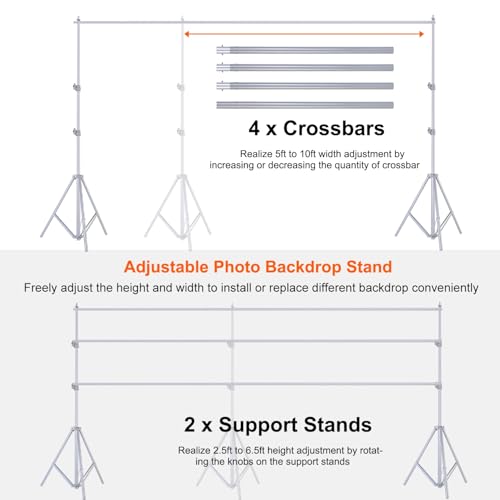 6.5 x 10ft Adjustable Backdrop Stand Kit,Heavy-Duty Photography Background Support System with Clamps & Carry Bag,Photo Video Studio Backdrop Stand for Parties,Weddings,Green Screen & Banner Display - color: Silver