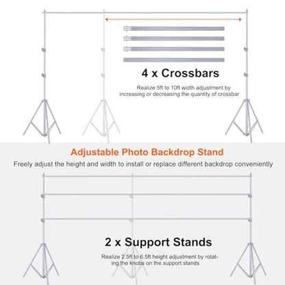 6.5 x 10ft Adjustable Backdrop Stand Kit,Heavy-Duty Photography Background Support System with Clamps & Carry Bag,Photo Video Studio Backdrop Stand for Parties,Weddings,Green Screen & Banner Display - color: Silver