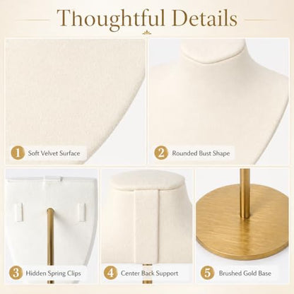 Necklace Display Stand For Selling Velvet Chain Jewelry Bust Holder Organizer With Stainless Steel Stand Jewelry Display - color: Beige-White-7.08in