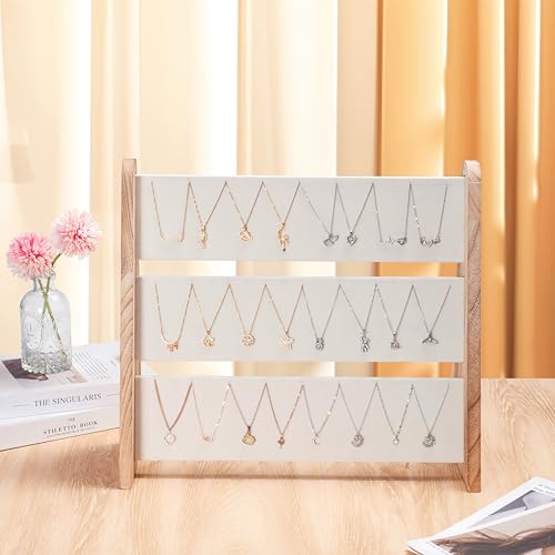 Necklace Holder 3 Tier Wood Necklace Organizer Stand with White Velvet, Necklace Display Stand for Selling, Chain Necklace Holder Rack for Show, 72 Necklaces Bracelets - style: One-Sided White