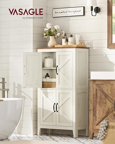 VASAGLE LIRY Collection - Farmhouse Storage Cabinet, Bathroom Floor Cabinet with Barn Doors, Freestanding Kitchen Pantry, Adjustable Shelves, for Dining Room, Living Room, Rustic White, UBBK773W01 - color: Rustic White, style: 4 Doors