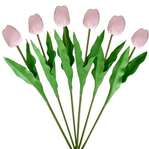 Mandy's Light Pink Artificial Tulips Flowers Centerpiece, 17.7" Lifelike PU Fake Floral Stems 6pcs for Kitchen Island & Dining Table, Spring Decor for Easter - color: Light Pink-17.7inch