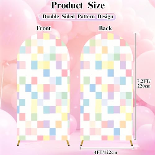 7.2FT Wedding Arch Backdrop Cover Checkered Seamless Squares Cute Pastel Green Yellow Checkers Spandex Fitted Fabric Round Top Stretchy Stand Covers for Baby Shower Birthday Party Decoration - color: Color9, size: 7.2x4 FT
