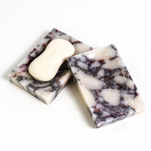 Luxurious Natural Marble Soap Dish Tray Marble Soap Holder Trinket Plate for Bathroom Sink Kitchen Countertop Bedroom Vanity Bathroom Accessory Rectangular (2 Pack) - color: Calacatta-viola, size: 4.7"l X 3.1"w