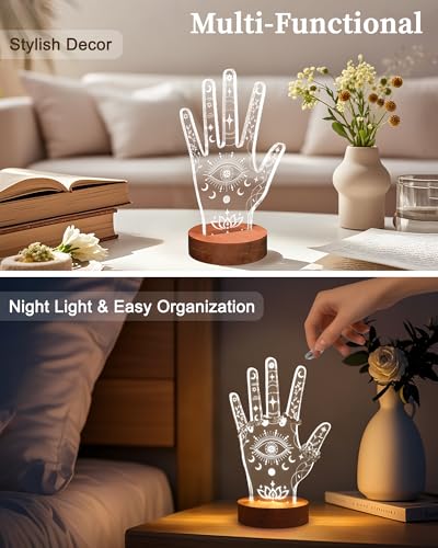 Attivolife Evil Eye LED Ring Holder Stand - Hand-Shaped Acrylic Jewelry Organizer Rack Bracelet & Ring Display for Women Friends Bestie