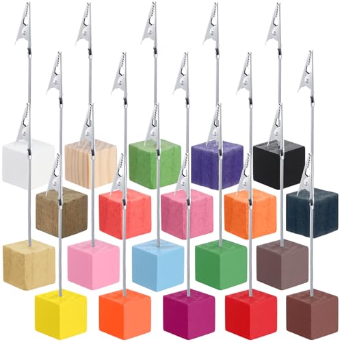 Gersoniel 20 Pcs Cube Base Memo Clip Holder with Alligator Clip Wood Table Number Holder Cube Base Place Card Stand Mini Photo Menu Stand for Displaying Number Card (Multi Color) - color: Multi Color