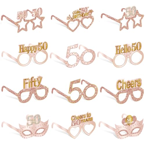 Guiruiy 24PCS 50th Birthday Paper Eyeglasses Decorations for Women, Pink Rose Gold Happy 50th Birthday Eyeglasses Party Supplies, Funny Fifty Year Old Birthday Glasses Photo Props Decor - style: Rose Gold 50th