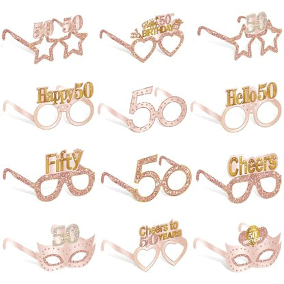 Guiruiy 24PCS 50th Birthday Paper Eyeglasses Decorations for Women, Pink Rose Gold Happy 50th Birthday Eyeglasses Party Supplies, Funny Fifty Year Old Birthday Glasses Photo Props Decor - style: Rose Gold 50th