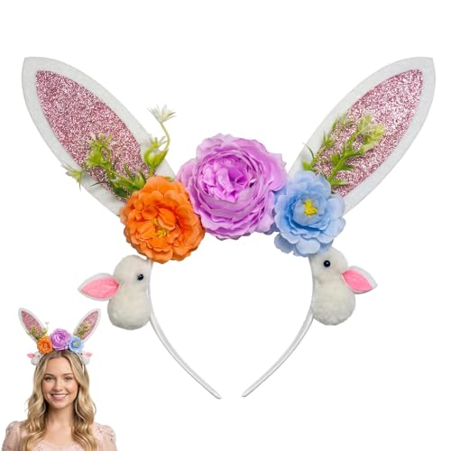 Easter Bunny Ear Headband with Floral Decorations, Glitter Rabbit Ears Hair Hoop for Women and Girls, Spring Party Hair Accessories for Photo Props,Cosplay - color: Purple