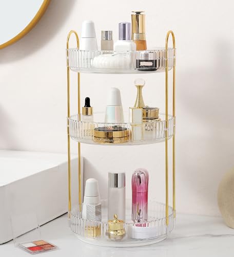 Aveniee Crystal Three-Layer 360° Rotating Cosmetic Stand, Premium Solid Metal Pole Sturdy Construction, Translucent Revolving Beauty Storage Unit for Vanity, Sink or Bathroom Shelf, White - color: Pearl White, size: Standard-3 Tier