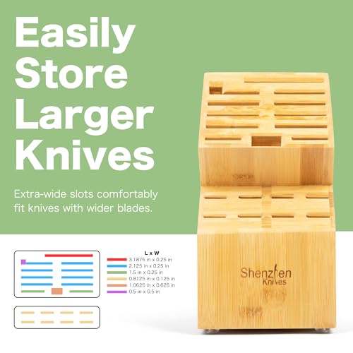 Shenzhen Knives 20 Slot Universal Knife Block: X-Large Bamboo Finish Wood Knife Block without Knives Countertop Butcher Block Knife Holder and Organizer with Wide Slots for Easy Kitchen Knife Storage - size: X-Large