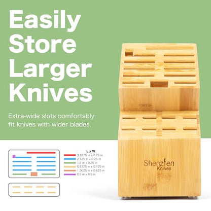 Shenzhen Knives 20 Slot Universal Knife Block: X-Large Bamboo Finish Wood Knife Block without Knives Countertop Butcher Block Knife Holder and Organizer with Wide Slots for Easy Kitchen Knife Storage - size: X-Large