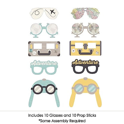 Big Dot of Happiness World Awaits Glasses & Masks - Paper Card Stock Travel Themed Party Photo Booth Props Kit - 10 Count