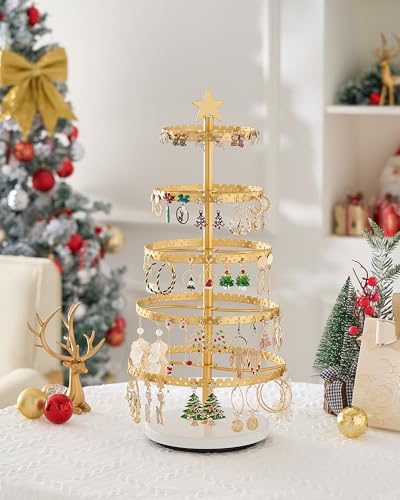 Lolalet 5-Tier Rotating Earring Holder Organizer, Metal Earring Display Stand Large Tree-shaped Rack for Studs Hoops Dangling Earrings, Gift for Women and Girls -Gold - color: Gold