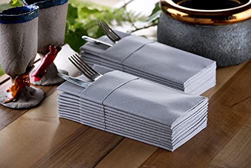 Moyes Home Silver Disposable Dinner Napkins with Pocket - Linen-Feel Pre-Folded Cloth-Like Paper Napkins for Silverware, Weddings, Dinner Parties, 16x16 in, Pack of 50 - color: Silver