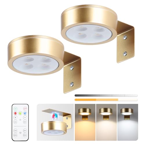 KELUOLY 2-Pack Picture Light Battery Operated Painting Lights for Wall, Magnetic LED Display Art Light with Remote, Dimmable and Timer Portrait Light for Art Frame Artworking, Wall Decor Puck Light - color: Gold 2 Pack