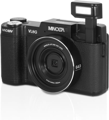 Minolta MND60V 64 MP Autofocus 4K Digital Vlogging Camera / 60FPS Ultra HD Vlogger & Content Creator's Kit (Black) Bundle with 64GB Memory Card + Vlog Tripod + More Accessories