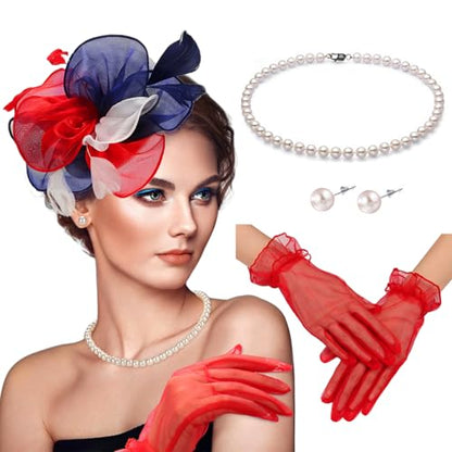 Fascinators Hats with Gloves Set for Women 20s 50s Cocktail Tea Party Wedding Costume Headwear - color: 03-american Color