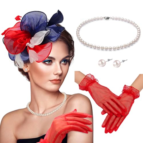 Fascinators Hats with Gloves Set for Women 20s 50s Cocktail Tea Party Wedding Costume Headwear - color: 03-american Color