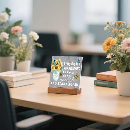 Inspirational Home Office Desk Decor - Every Day is a New Beginning Sign - Butterfly & Sunflower Kitchen Workplace Decorations, Motivational Quotes Signs with Positive Sayings Plaques - color: Flower04