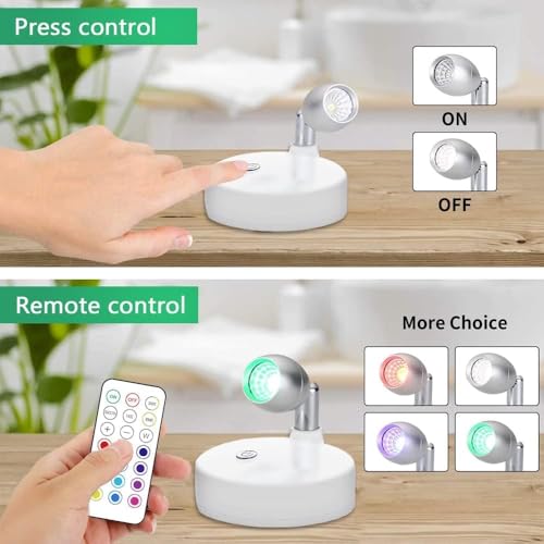 KINDEEP RGB Wireless LED Spotlight, Battery Operated Accent Lights, Indoor Mini Puck Light, Dimmable Uplight with Remote, 4000K Warm White, Stick on Wall Light with Rotatable Head, White, 2 Pack - color: White, size: 2 Pack