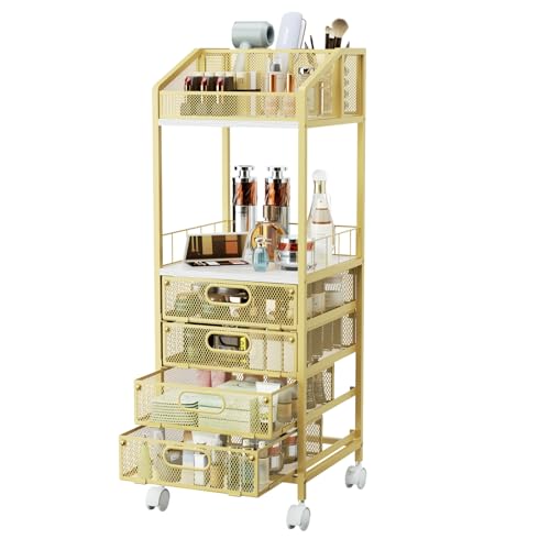 HapiRm Makeup Organizer Storage Cart - Floor Skincare Make Up Storage with 4 Drawers, Rolling Makeup Cart Vanity Organizer Cosmetics Display Cases Holder for Skin Care Perfume Nail Polish, Gold - color: Gold