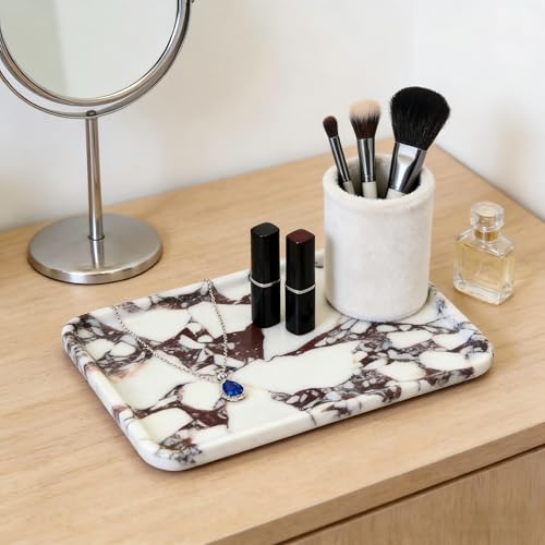 Rectangular Marble Vanity Tray, White and Purple Decorative Stone Tray for Jewelry, Perfume, Keys, Candles, Bathroom Counter, Dresser, Nightstand and Coffee Table Decor - color: White and Purple Rectangle