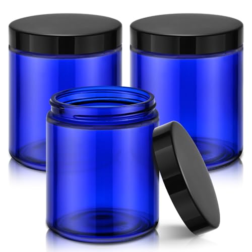 Tecohouse 8oz Glass Jars with Lids, 3 Pack Candle Jars with Blank Labels, 250g Blue Wide Mouth | Cosmetic Containers for Sample, Cream, Lotion, Honey, Powder, Jelly | Kitchen & Home - color: Blue-Black Lids