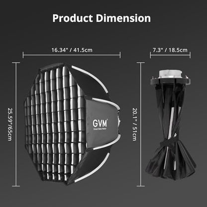 GVM 25.6inch/65cm Octagonal Softbox, Quick Release Bowens Mount Softbox with Diffusers/Honeycomb Grid/Carrying Bag, Light Dome Compatible with LED Video Light/Spotlight/Flash for Photography Studio