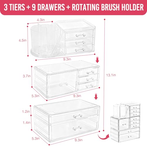 ShineMe Clear Makeup Organizer with 9 Drawers, 3 Tier Stackable Makeup Storage Organizer with Rotating Brush Holder, Acrylic Countertop Makeup Organizer for Vanity Skincare Jewelry Hair Accessories