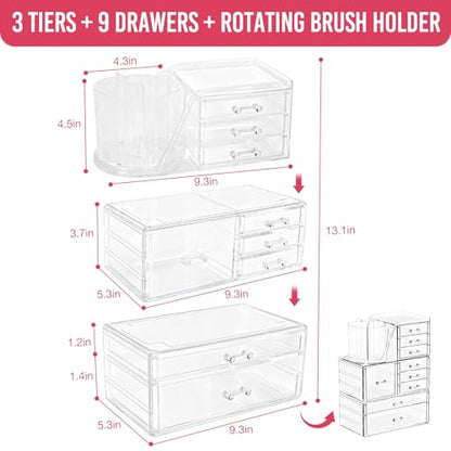 ShineMe Clear Makeup Organizer with 9 Drawers, 3 Tier Stackable Makeup Storage Organizer with Rotating Brush Holder, Acrylic Countertop Makeup Organizer for Vanity Skincare Jewelry Hair Accessories