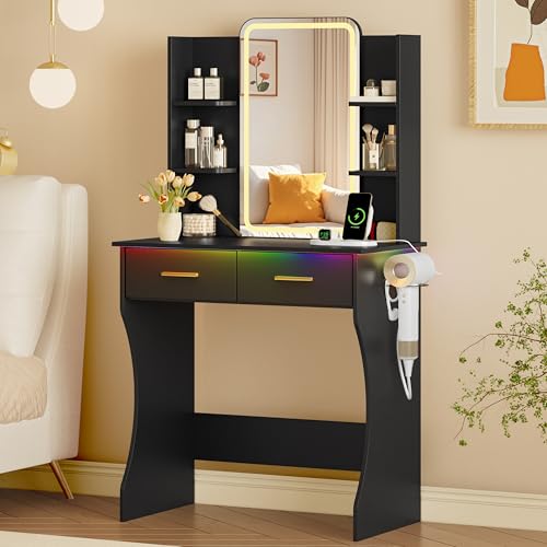 Vanity Desk with LED Lights Mirror & Power Outlet, Small Makeup Vanity Table Set with Storage Drawers, 3 Lighting Modes & Adjustable Brightness, Dressing Table for Women Girls Bedroom, Black(NO Stool) - color: Black, size: S-2 Drawers