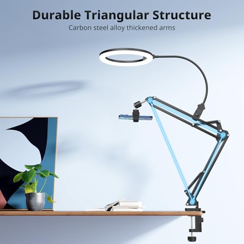 UBeesize 10" Ring Light with Overhead Phone Mount, LED Selfie Light with Stand and Phone Holder, Desk Light for iPhone, Desk Tripod for Video Recording, YouTube, TikTok, Live Stream, Cooking, Vlog - style: Desk-mounted